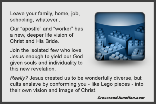 Conforming to someone's idea of Christ, His grand vision, the deeper life or God's epic purpose can be just as legalistic and limiting as any institutional church structure. In fact, it can become cultish. Break free and become the wonderful, multifaceted, multi-gifted and diverse Body of Christ!  See God in a Box 
